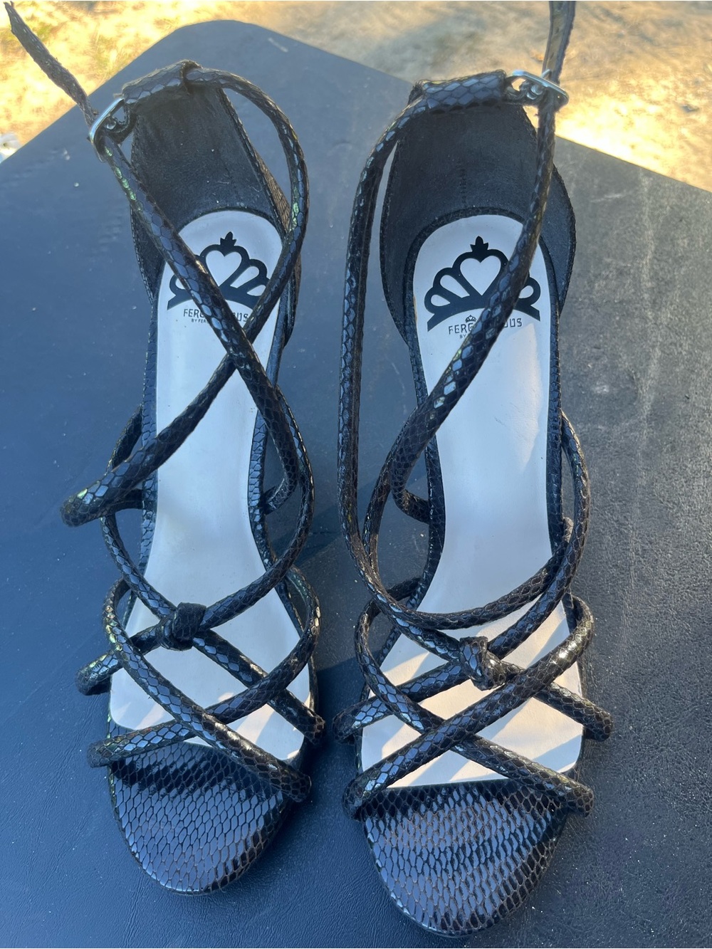 Fergalicious Black Snake-Print Strappy Heels